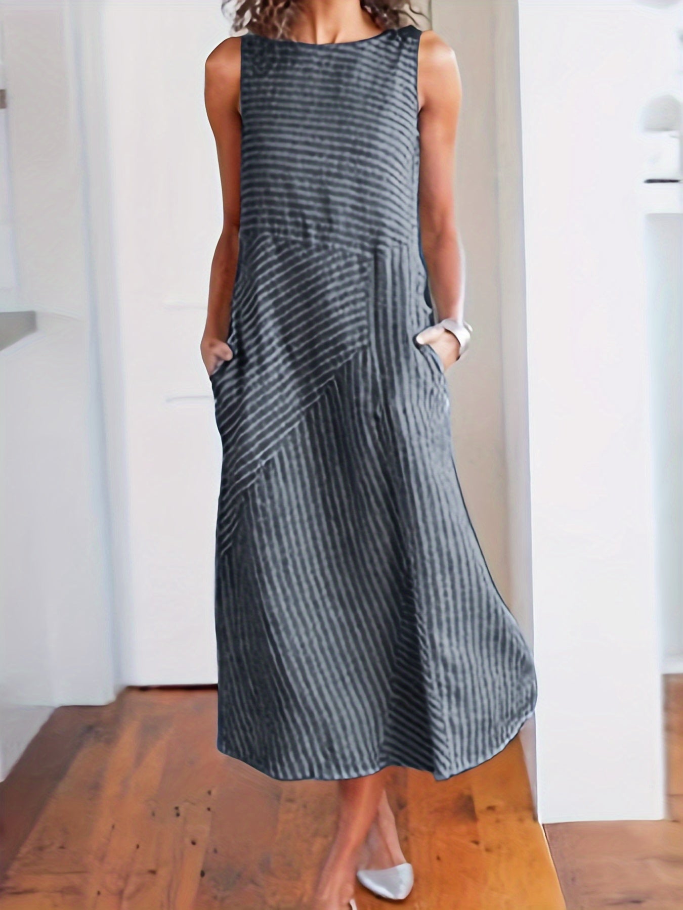 Womens Striped Midi Dress with Pockets