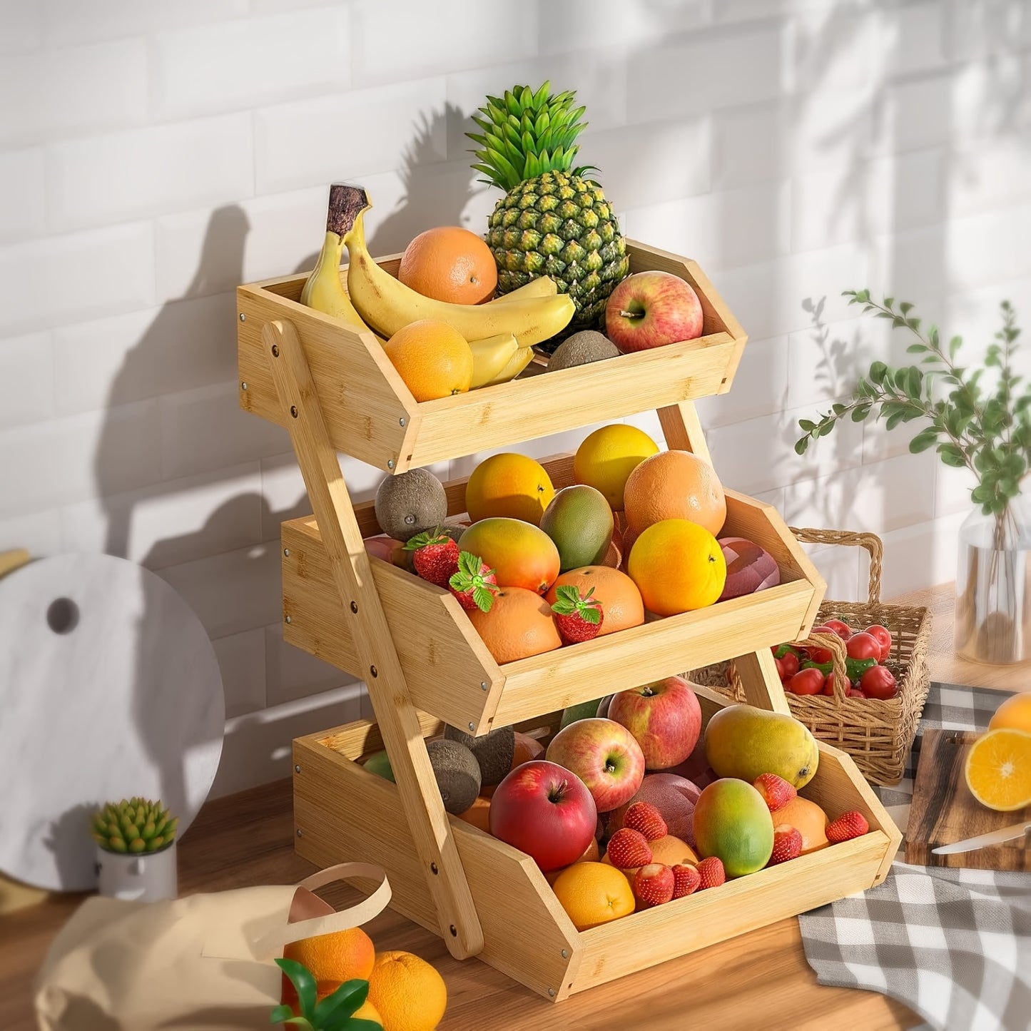 Bamboo Fruit Basket Stand for Kitchen Organization