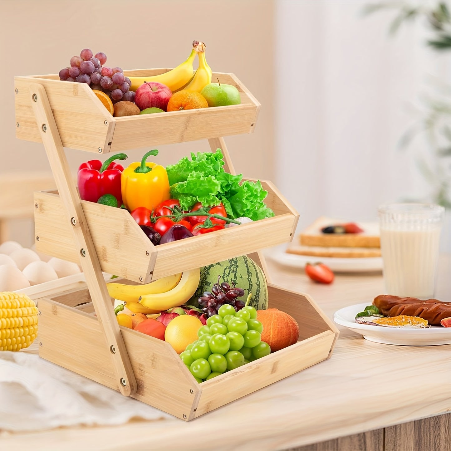 Bamboo Fruit Basket Stand for Kitchen Organization