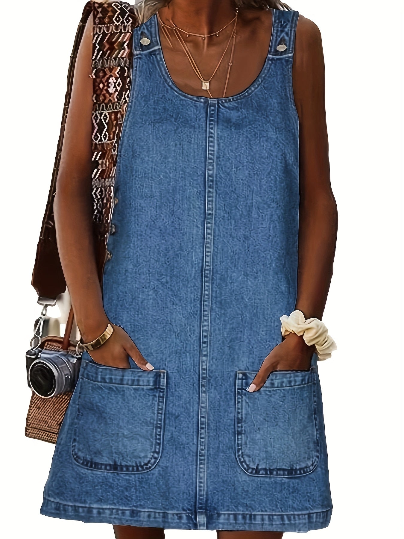 Women's Vintage Denim Overall Dress with Pockets