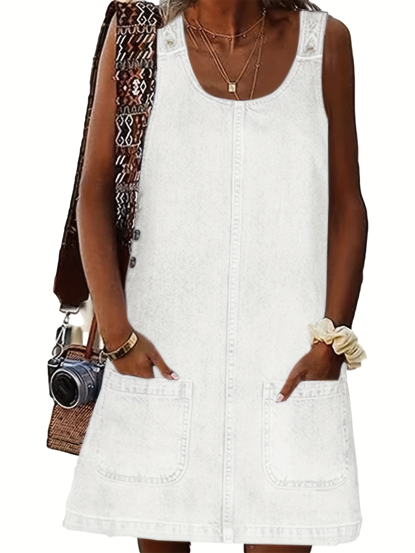 Women's Vintage Denim Overall Dress with Pockets
