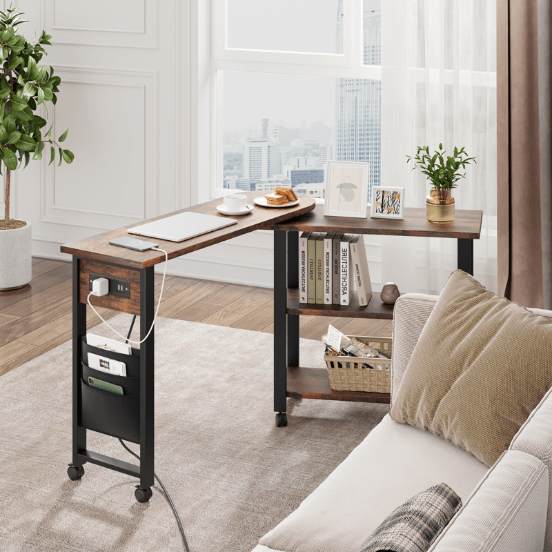 Sofa Table 360°Rotating Tabletop End Table, 2-Tier Side Table with Charging Station and Side Storage Pocket. Sturdy End Table for Living Room, Bedroom, Entry Way Study Room