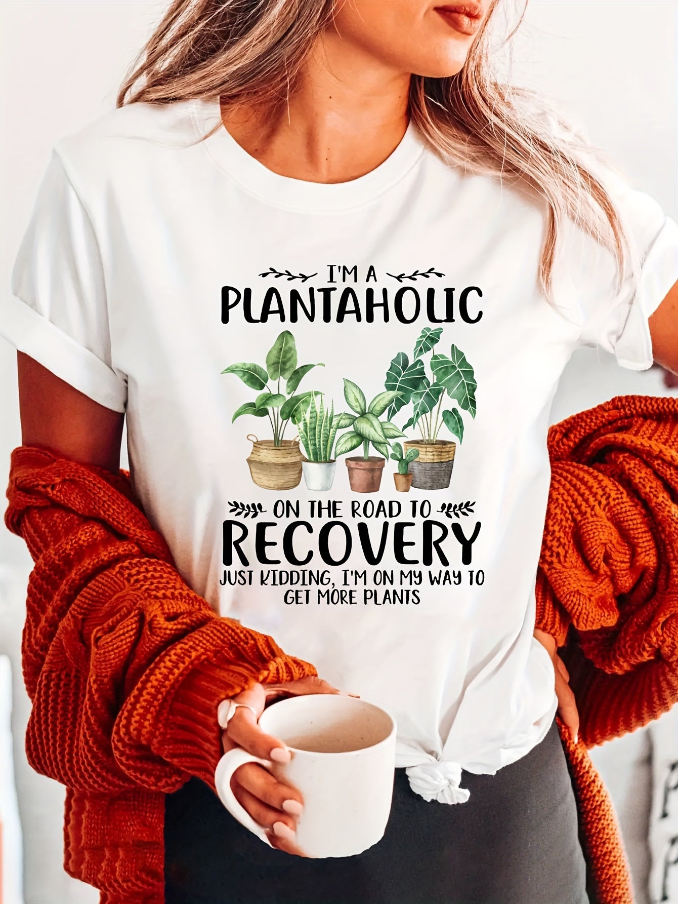 Plant Print Crew Neck T-Shirt for Women
