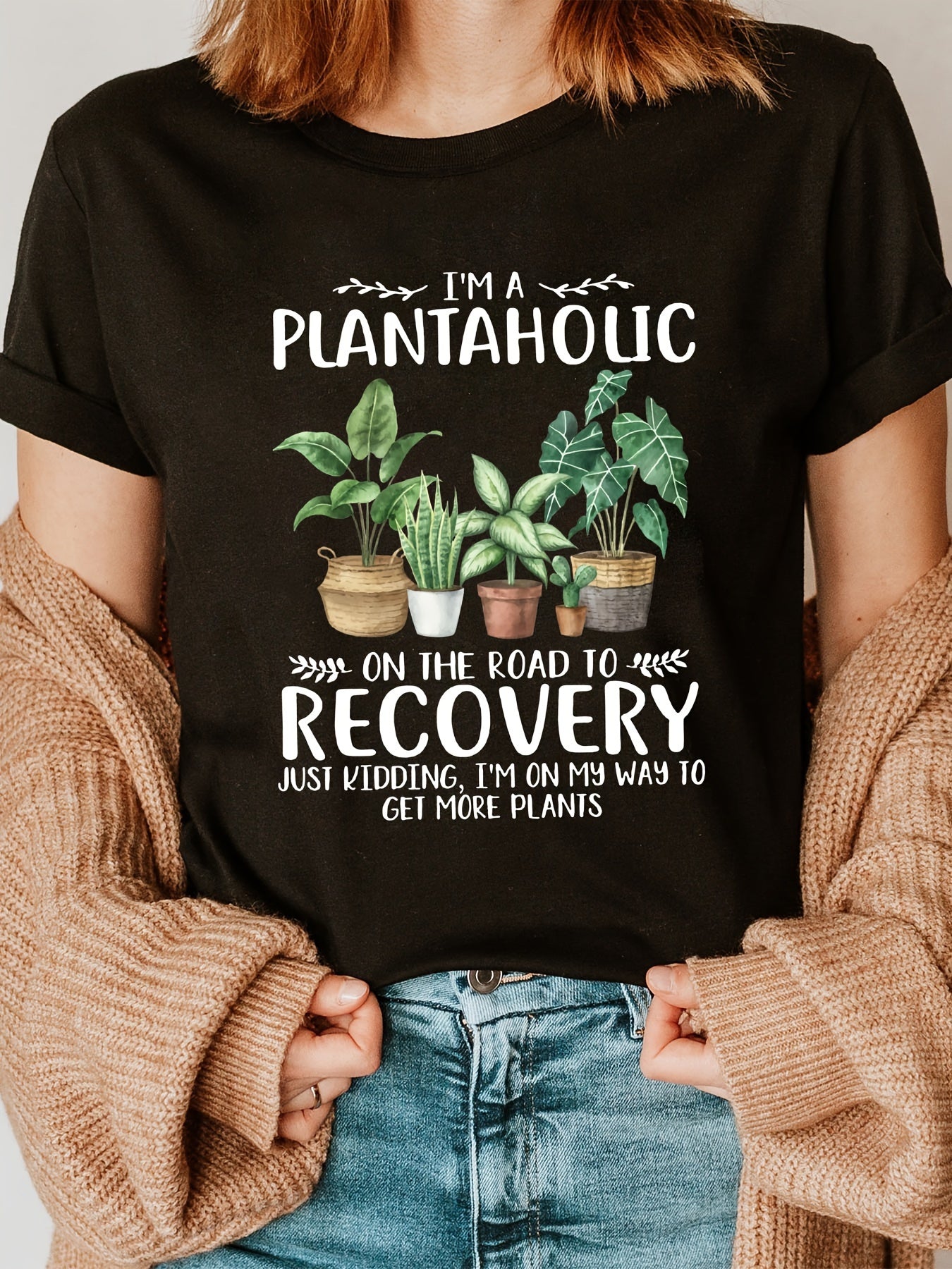 Plant Print Crew Neck T-Shirt for Women