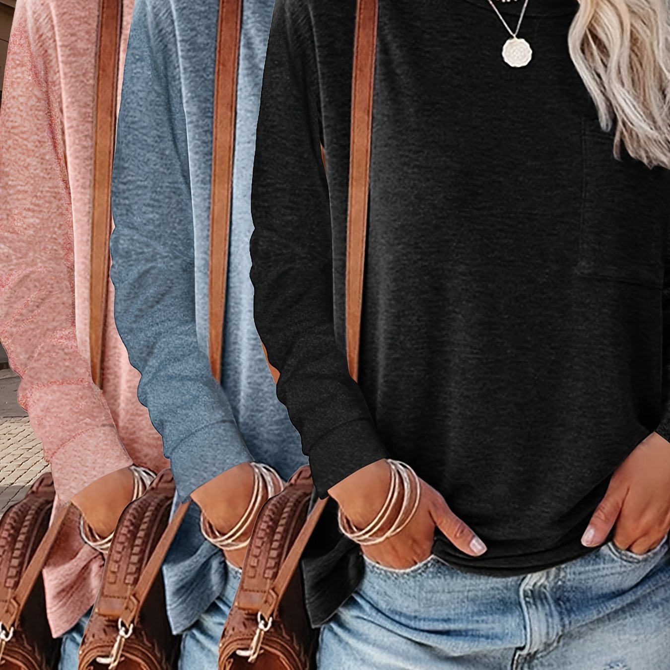 Casual Long Sleeve Pocket T Shirts Set