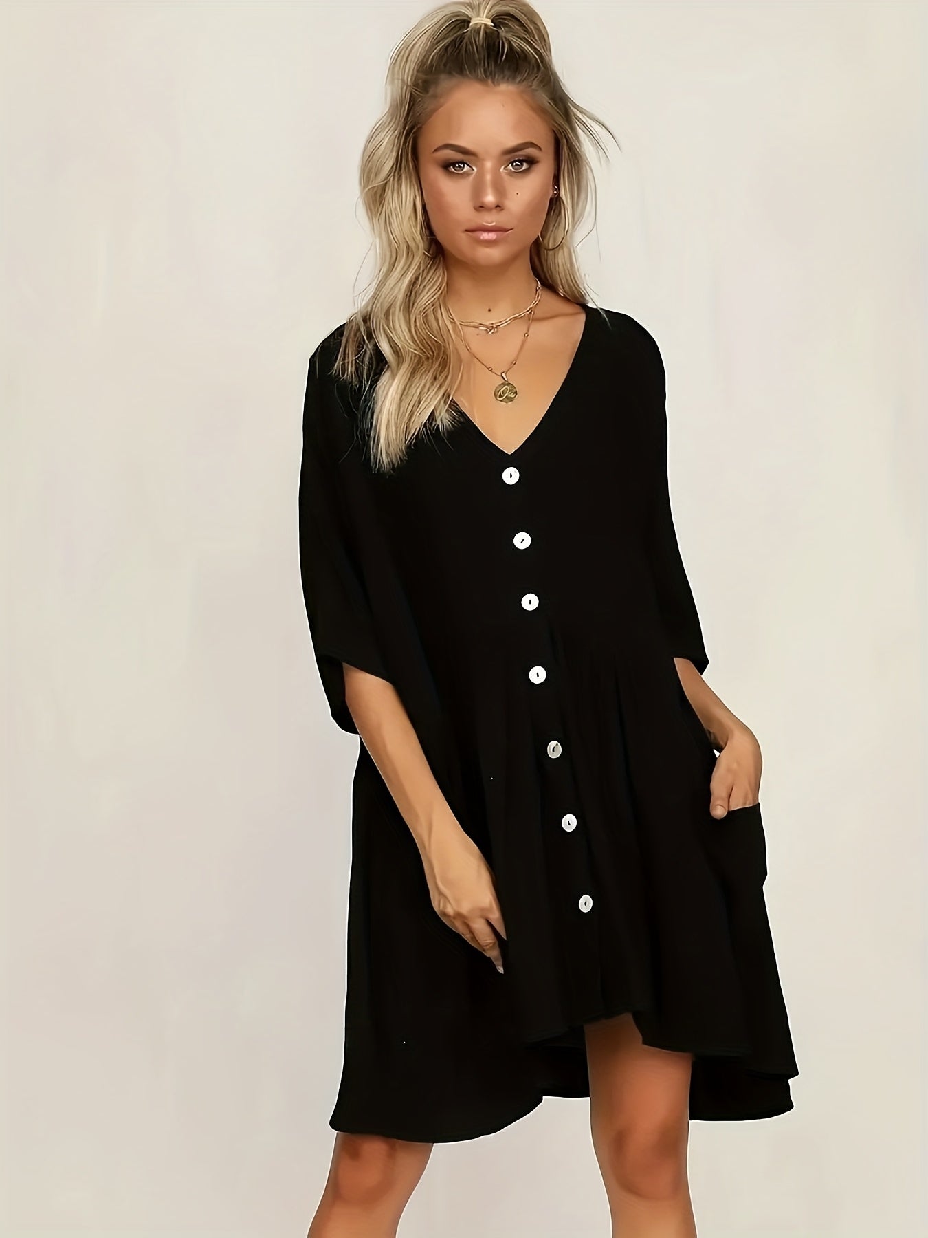Solid Color Button Front Loose Dress