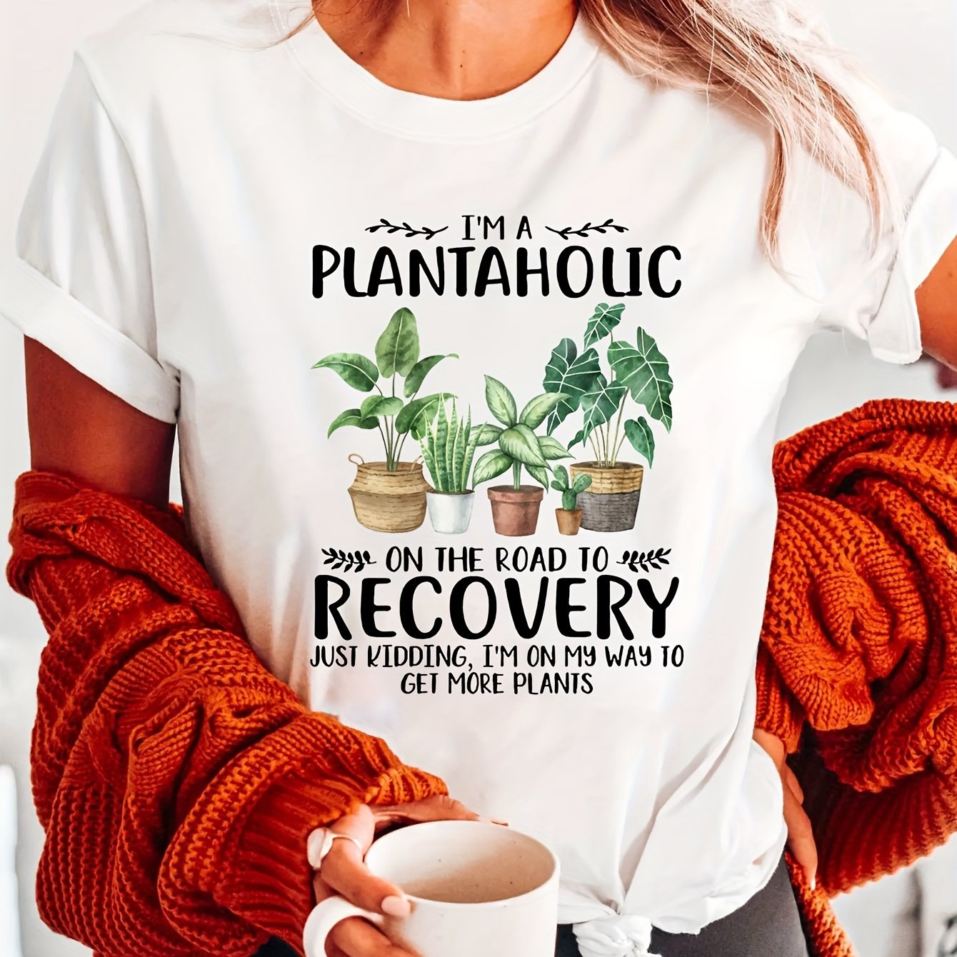 Plant Print Crew Neck T-Shirt for Women