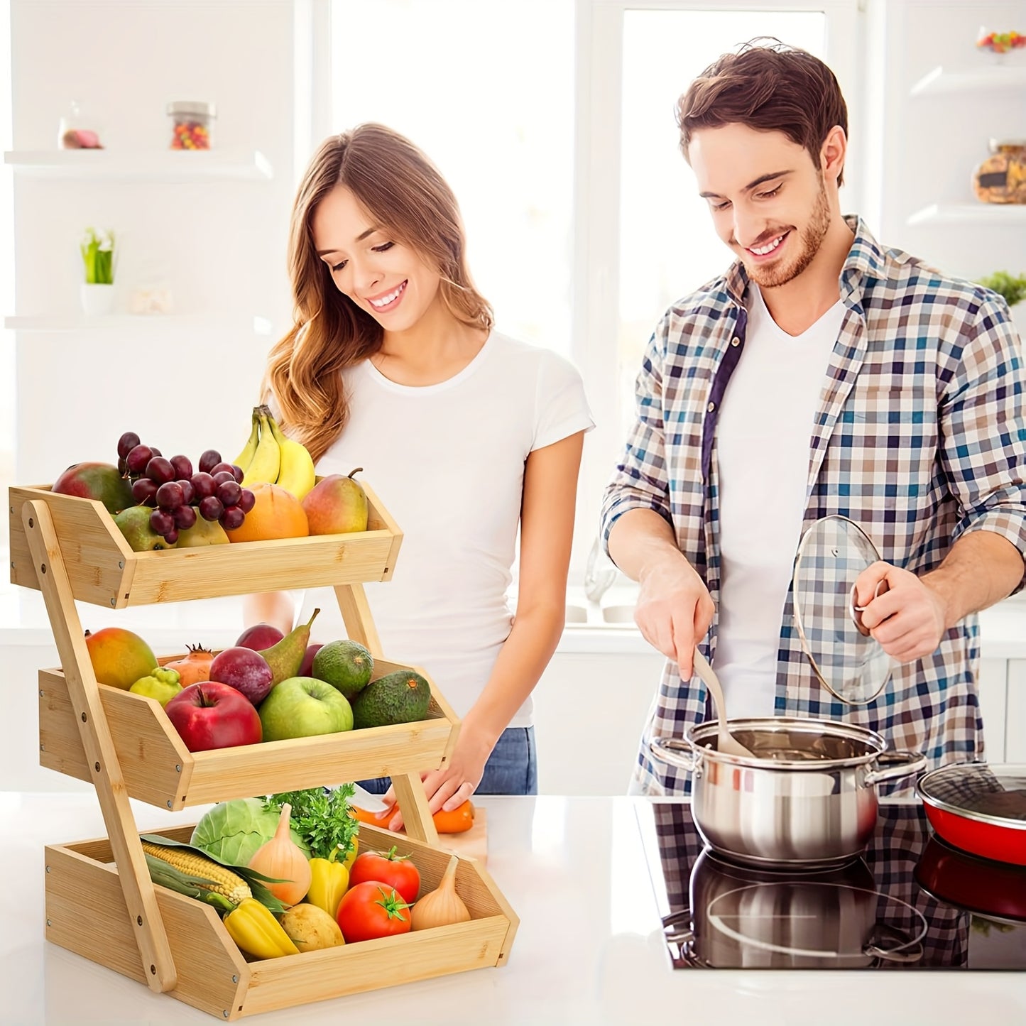 Bamboo Fruit Basket Stand for Kitchen Organization