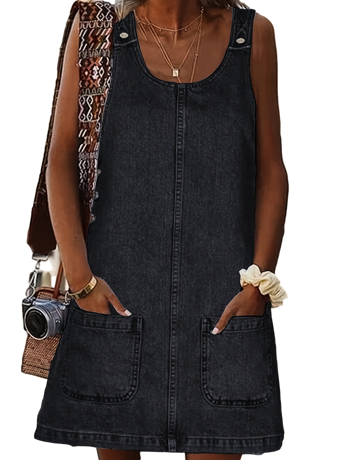 Women's Vintage Denim Overall Dress with Pockets