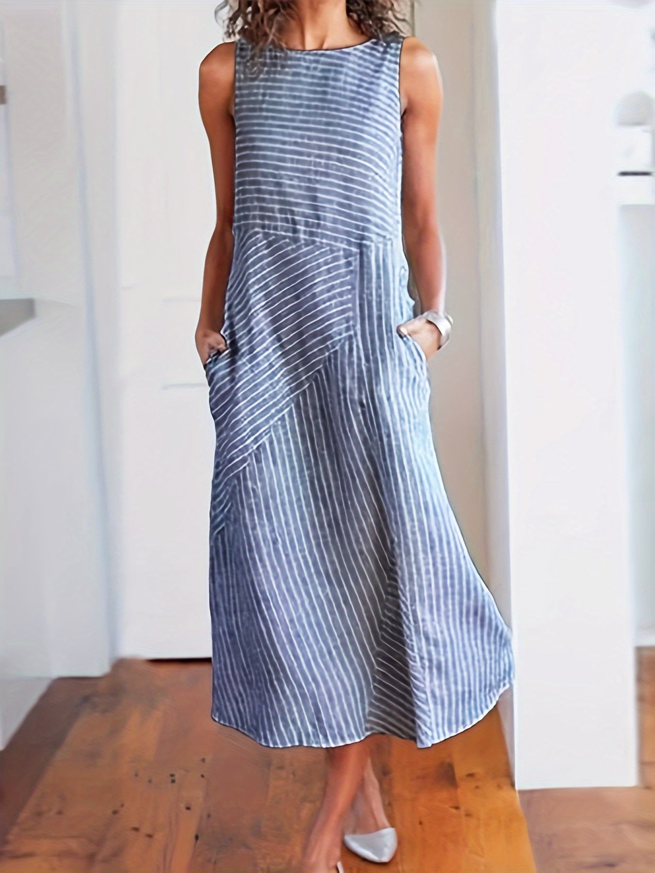Womens Striped Midi Dress with Pockets