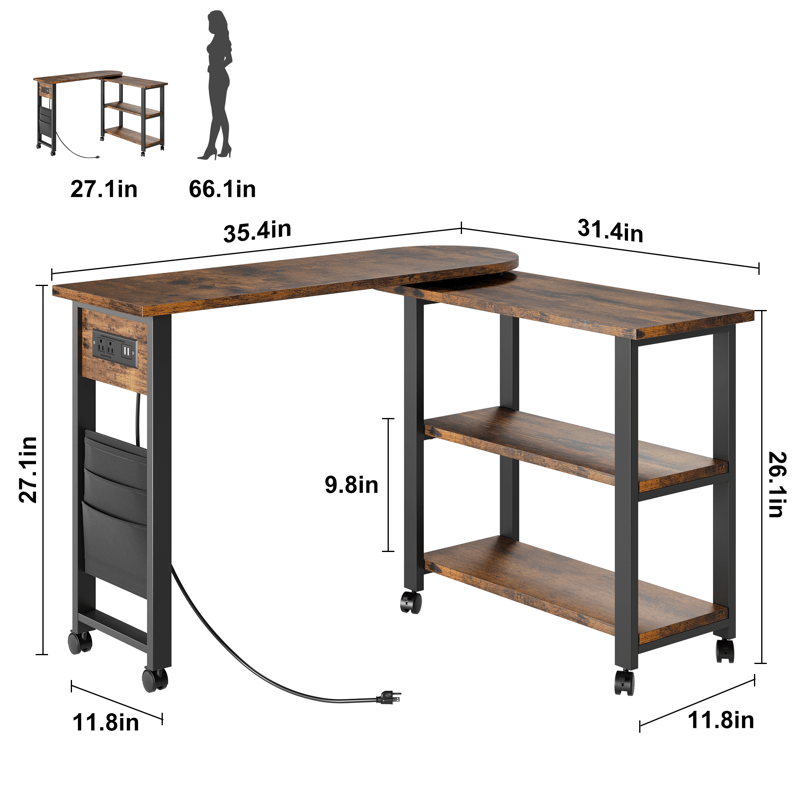 Sofa Table 360°Rotating Tabletop End Table, 2-Tier Side Table with Charging Station and Side Storage Pocket. Sturdy End Table for Living Room, Bedroom, Entry Way Study Room