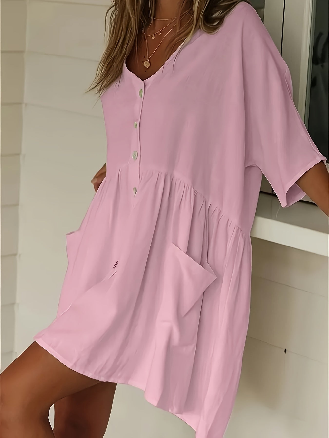 Solid Color Button Front Loose Dress
