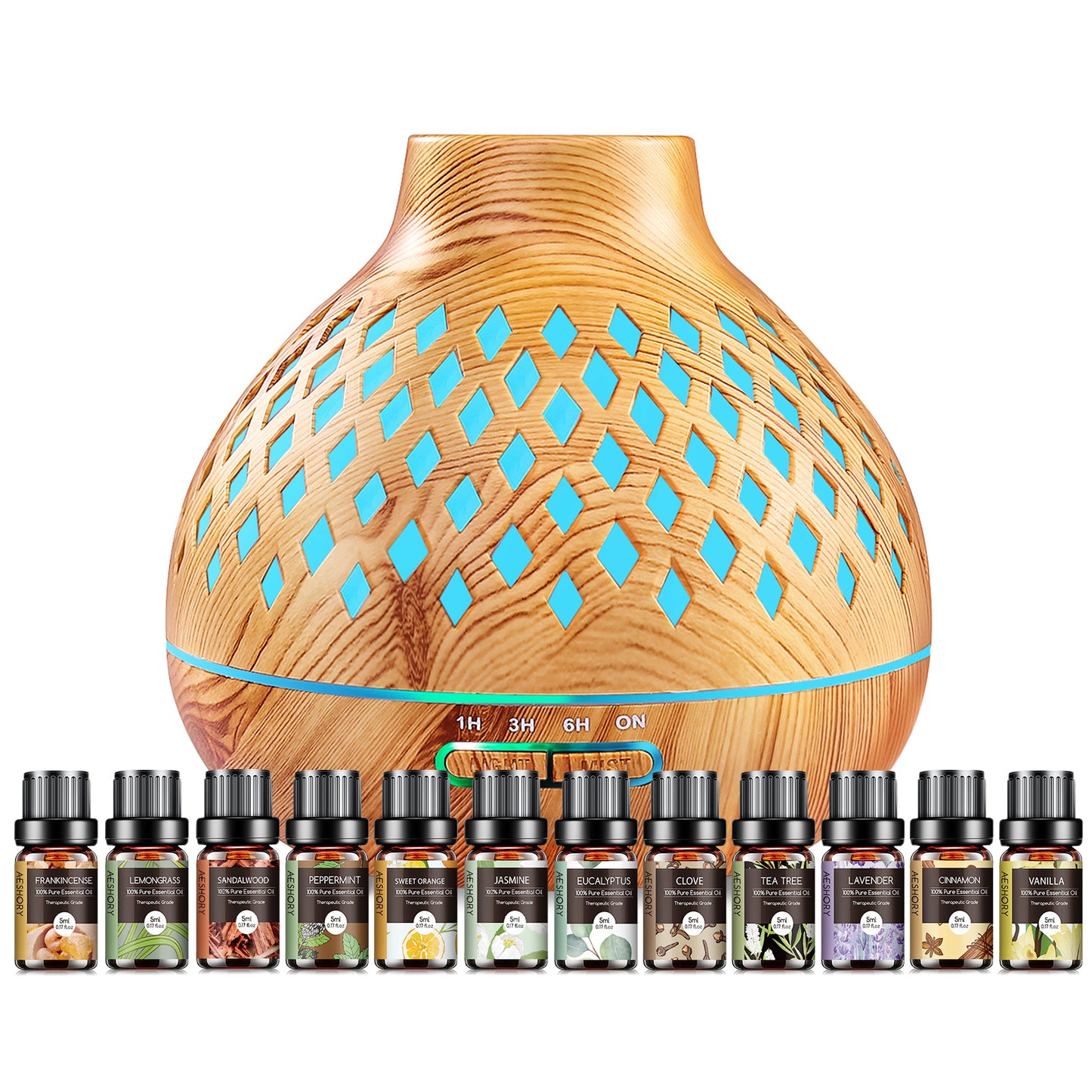 Diffuser Essential Oils for Large Room Wood Grain Cool Mist Air Humidifier Aroma Diffuser with 12 Pack Essential Oils 18.6 Ounce Essential Oil Diffuser with Remote Control Ultrasonic Oil Diffuser with Timer 7 Color Light