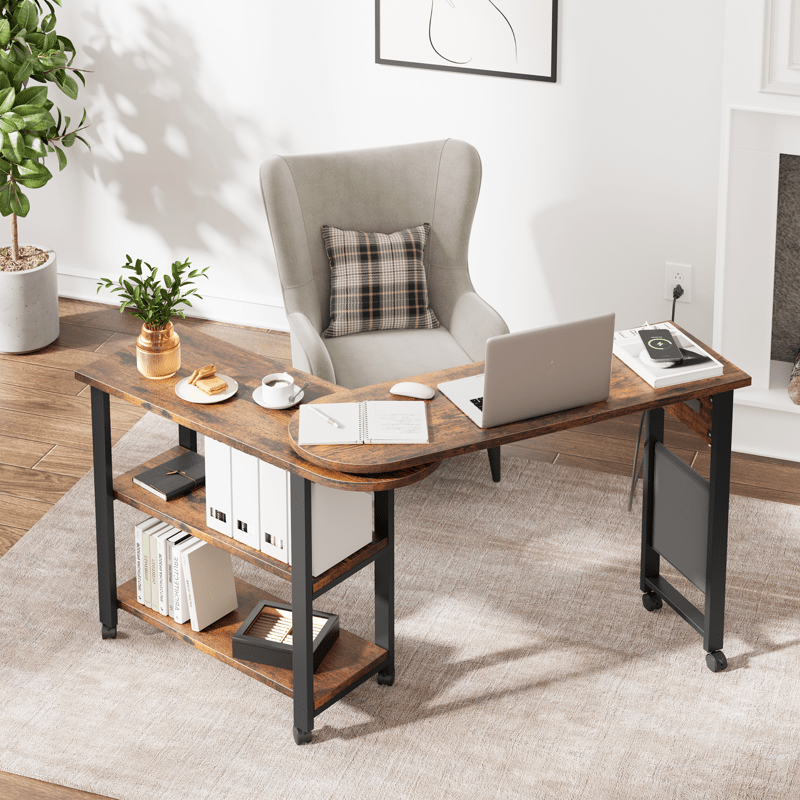 Sofa Table 360°Rotating Tabletop End Table, 2-Tier Side Table with Charging Station and Side Storage Pocket. Sturdy End Table for Living Room, Bedroom, Entry Way Study Room