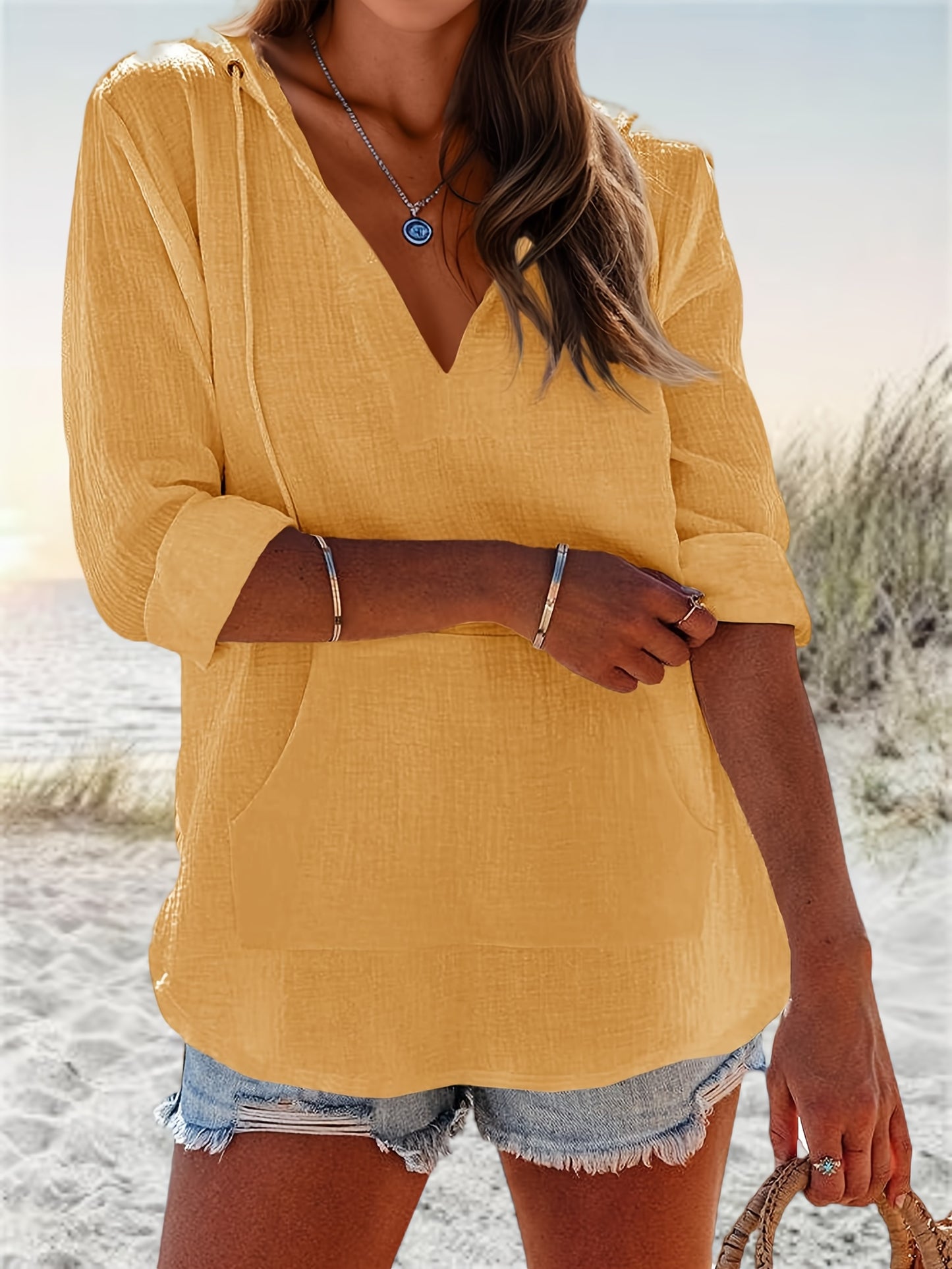 Womens V Neck Beach Hoodie Sweatshirt