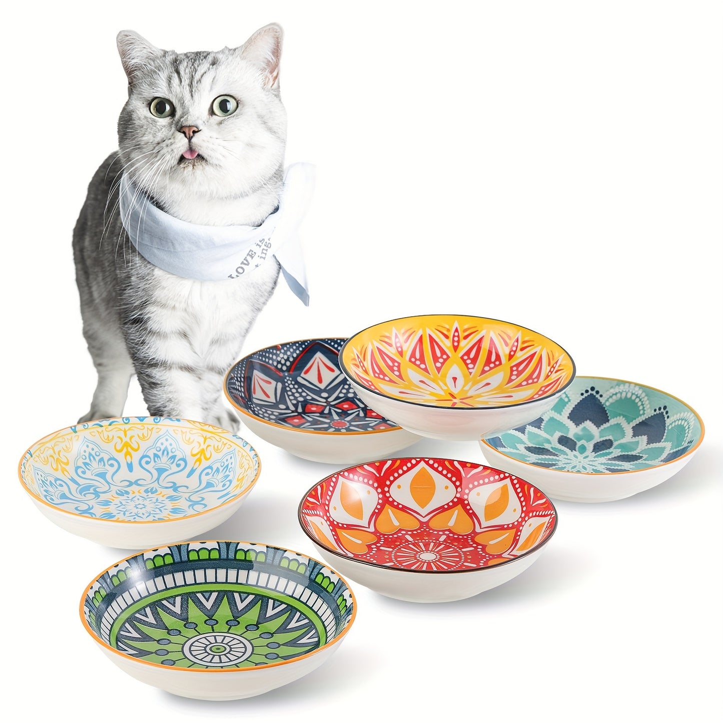 Colorful Ceramic Cat Bowls 6 Piece Set