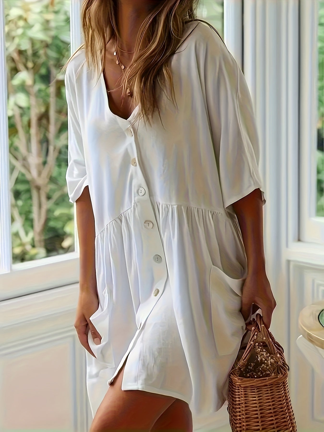 Solid Color Button Front Loose Dress