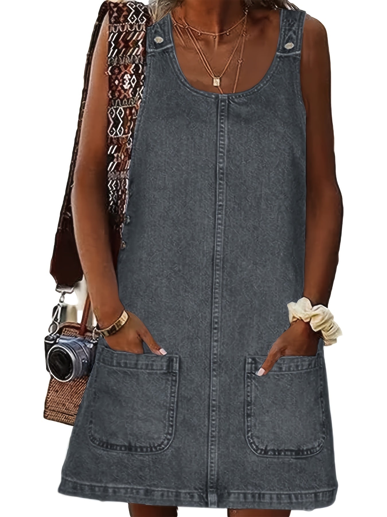 Women's Vintage Denim Overall Dress with Pockets