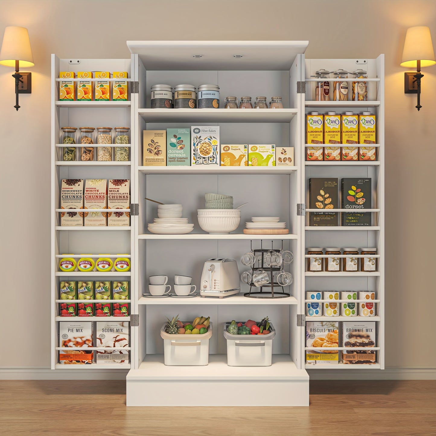 White Farmhouse Pantry Cabinet with Shelves