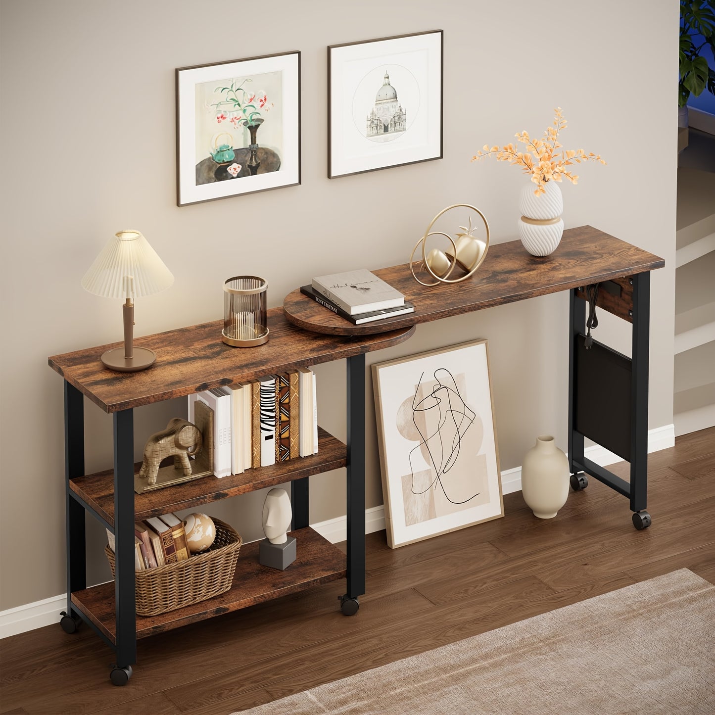 Sofa Table 360°Rotating Tabletop End Table, 2-Tier Side Table with Charging Station and Side Storage Pocket. Sturdy End Table for Living Room, Bedroom, Entry Way Study Room