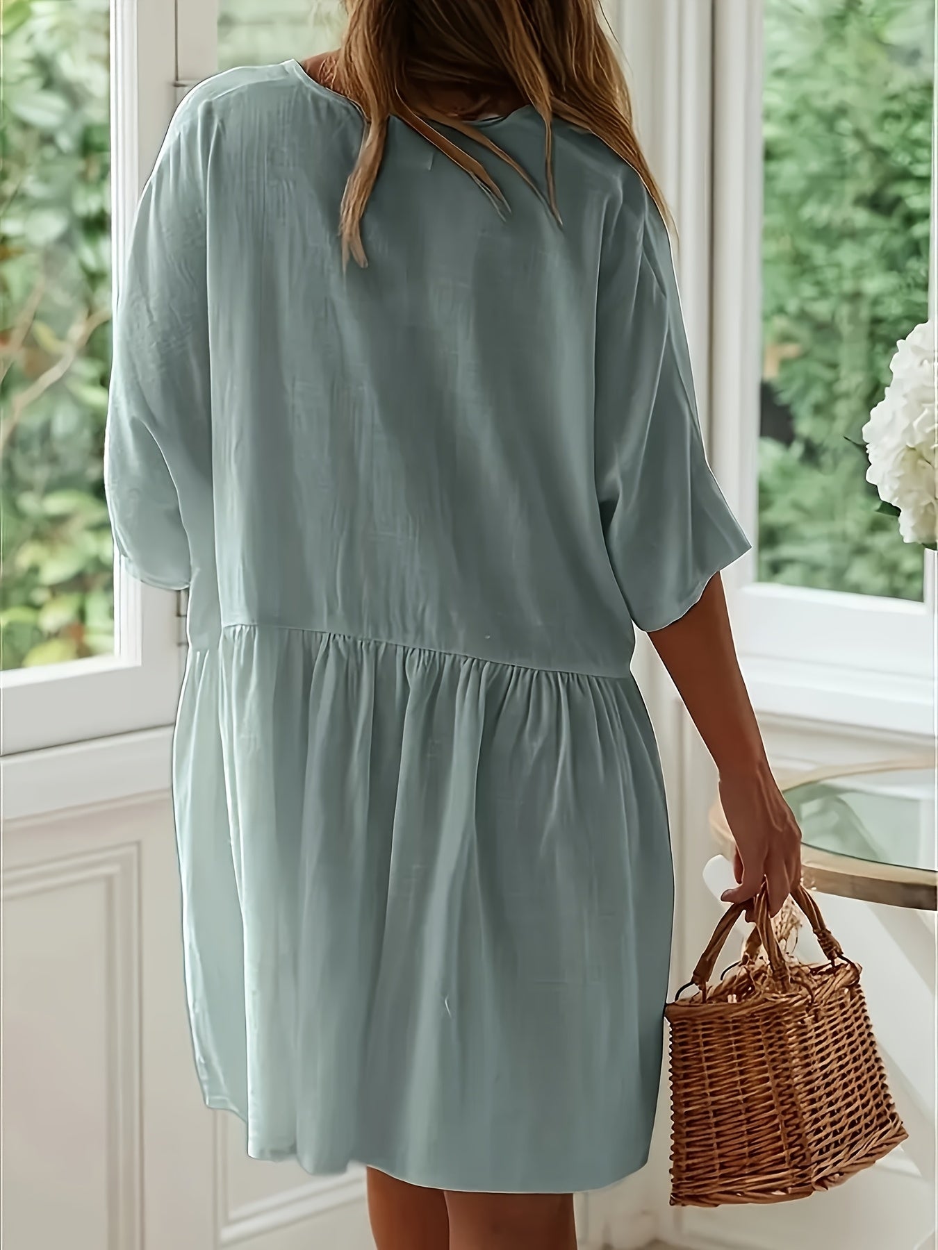 Solid Color Button Front Loose Dress