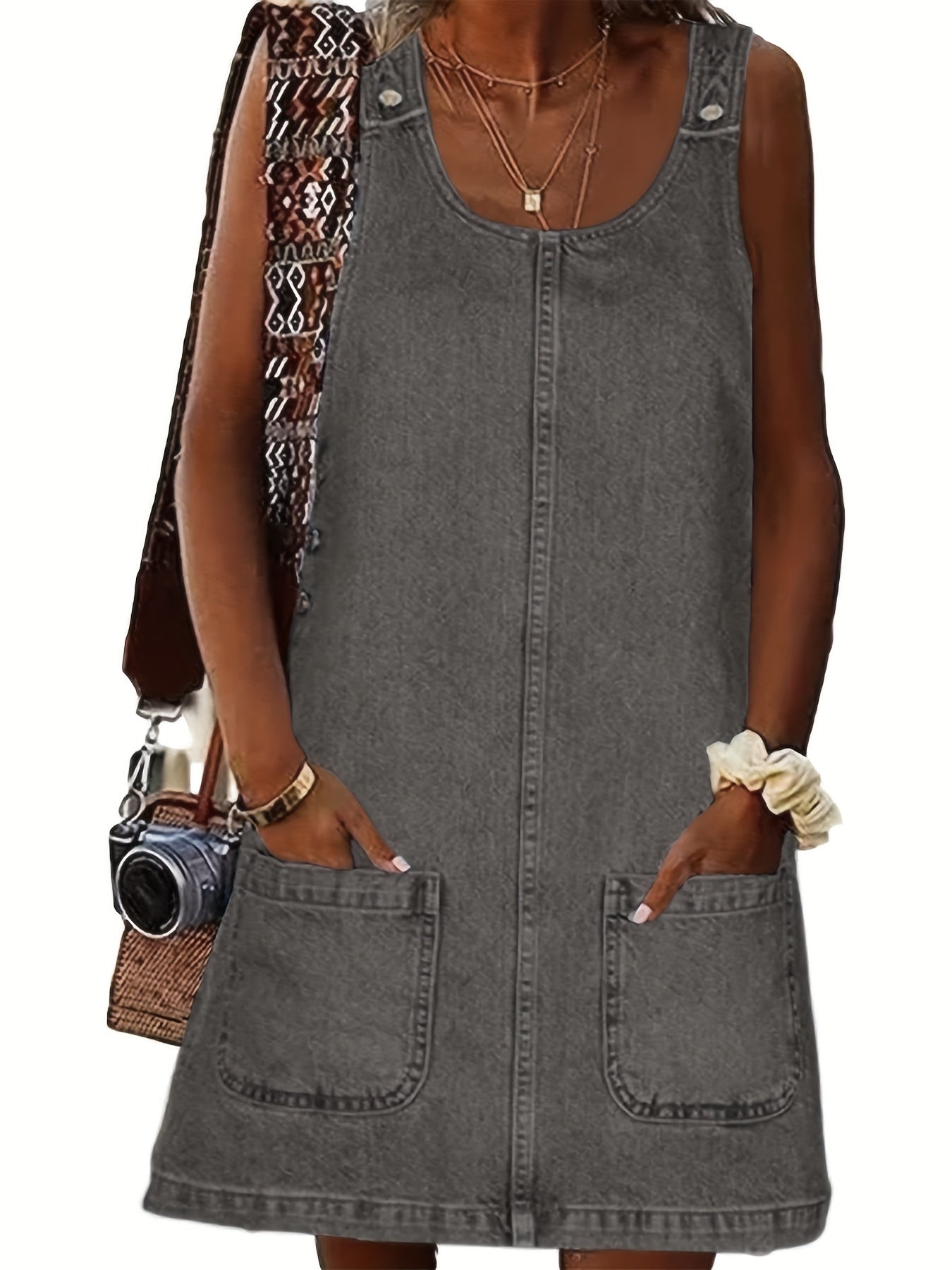 Women's Vintage Denim Overall Dress with Pockets