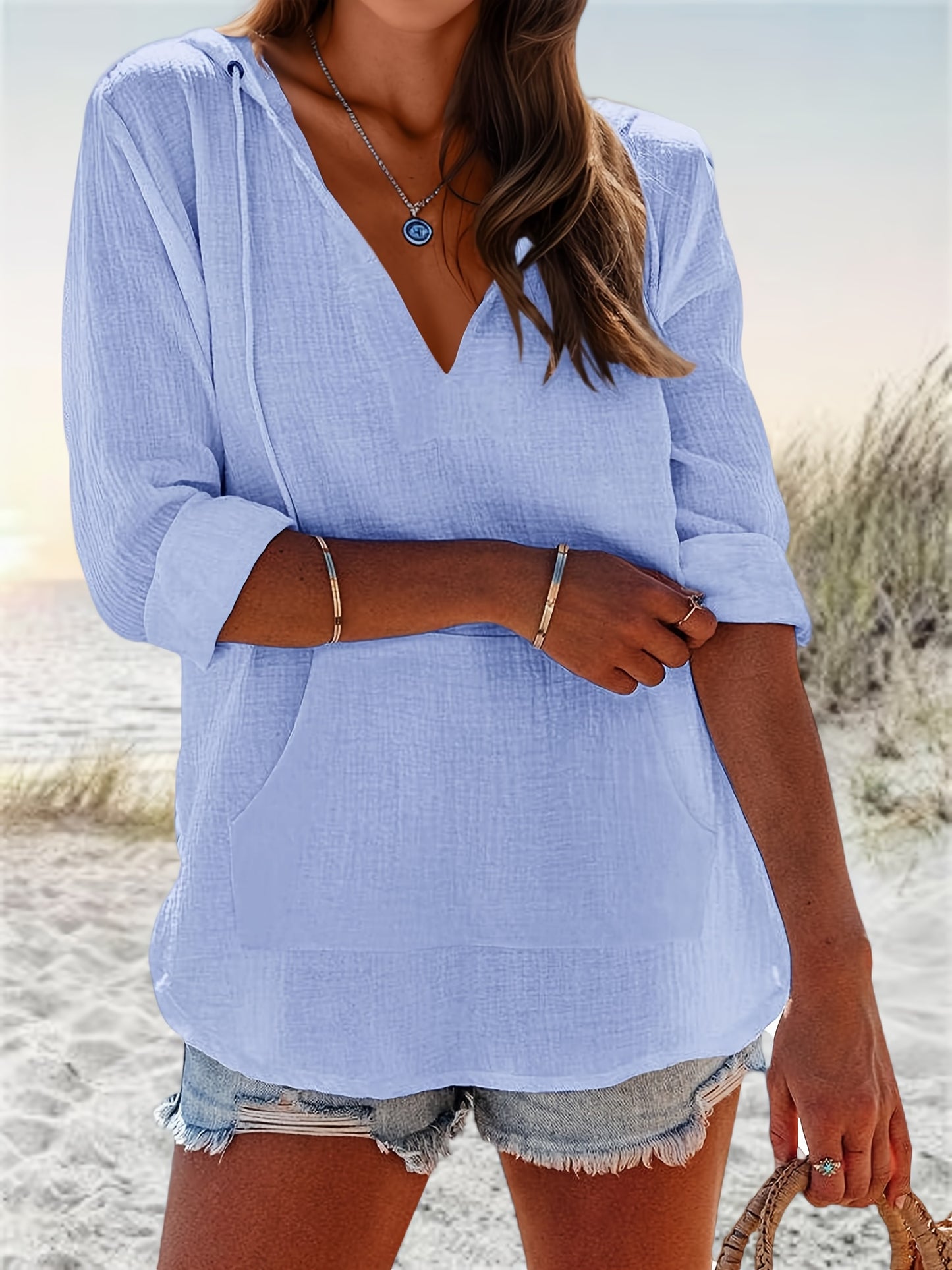 Womens V Neck Beach Hoodie Sweatshirt