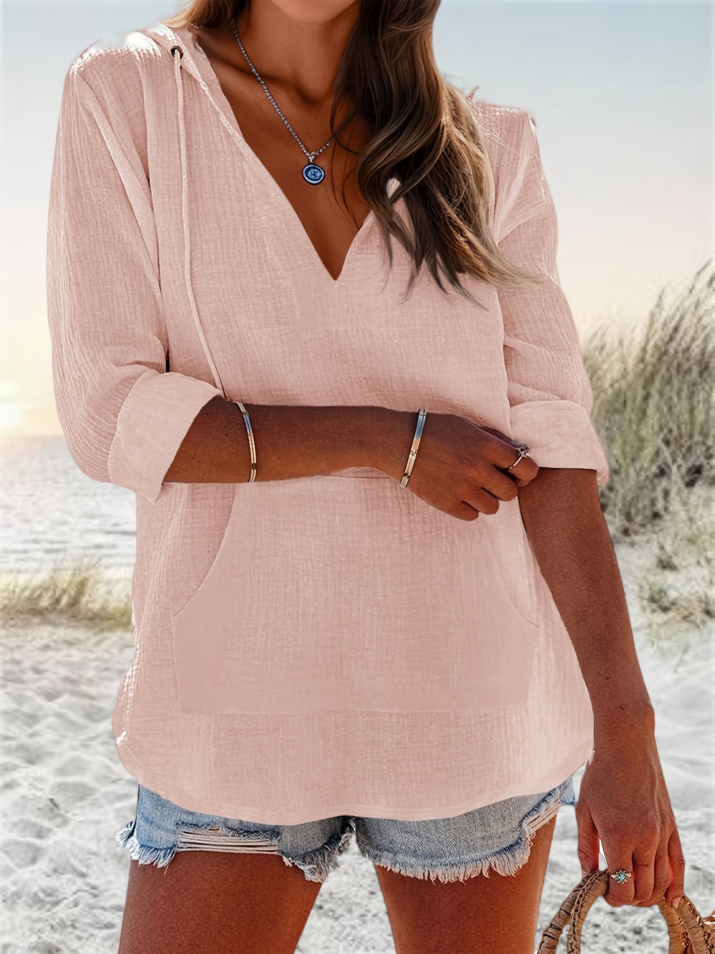 Womens V Neck Beach Hoodie Sweatshirt