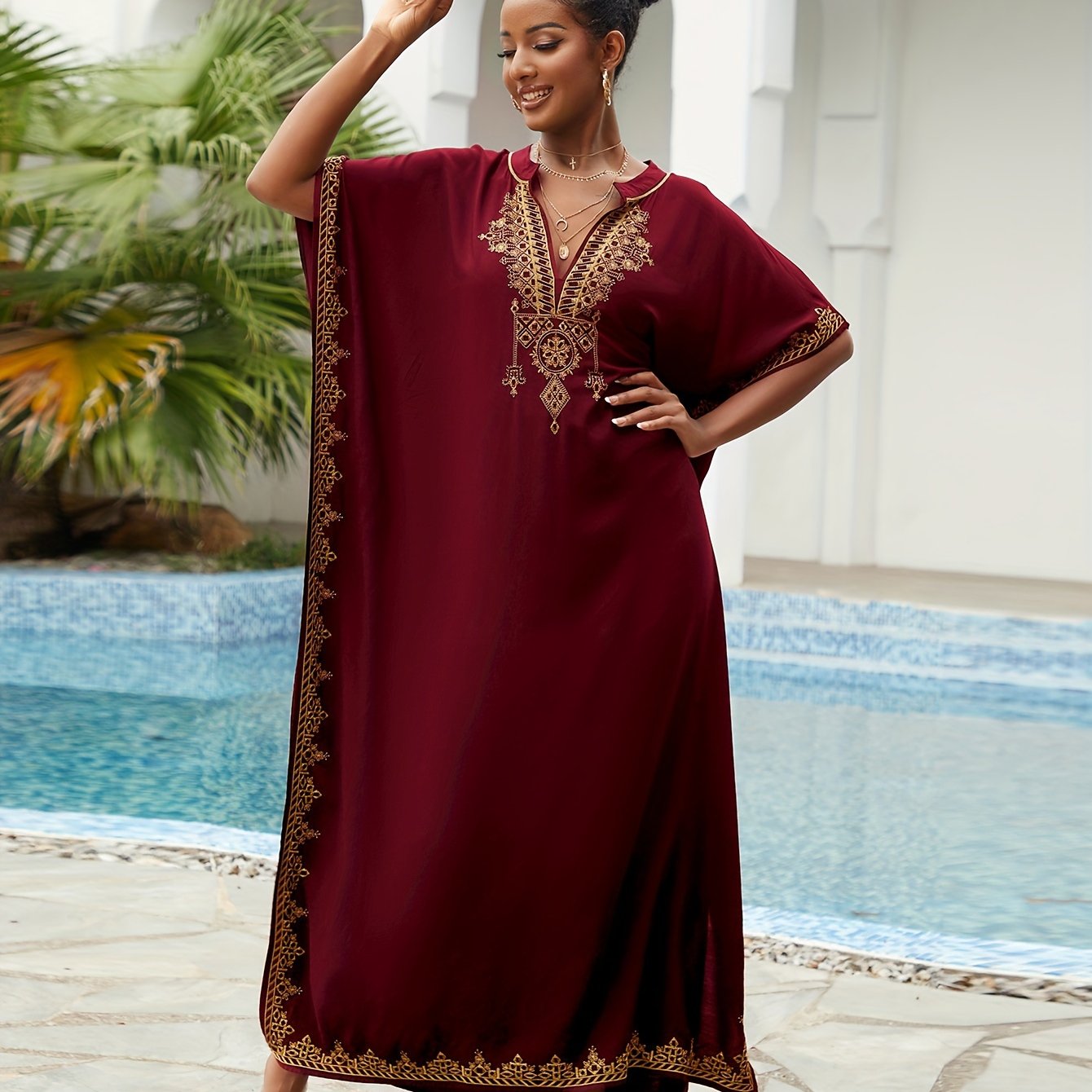 Embroidered Batwing Sleeve Kaftan Dress