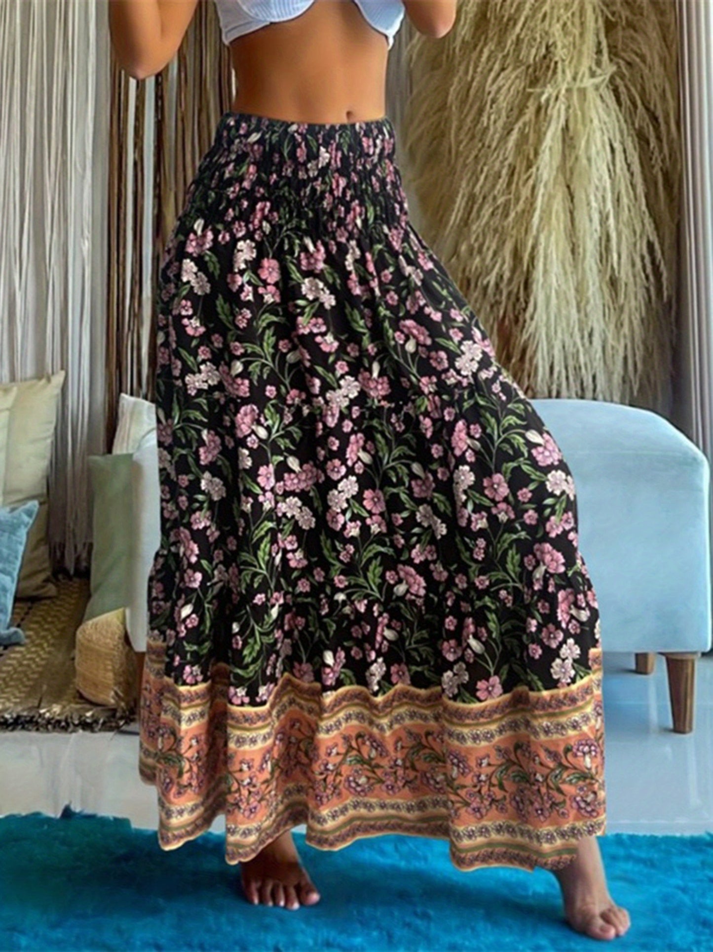 Women's Boho Floral A-Line Skirt