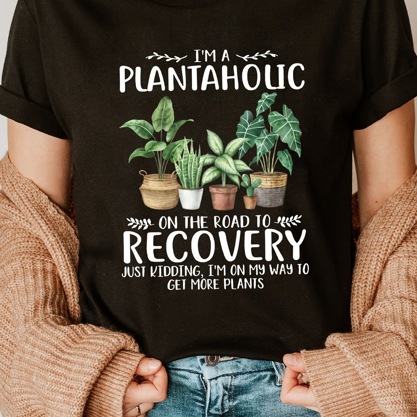 Plant Print Crew Neck T-Shirt for Women