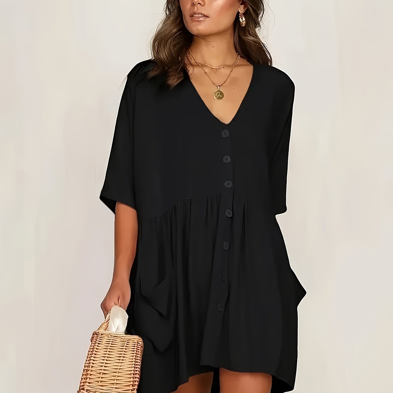 Solid Color Button Front Loose Dress