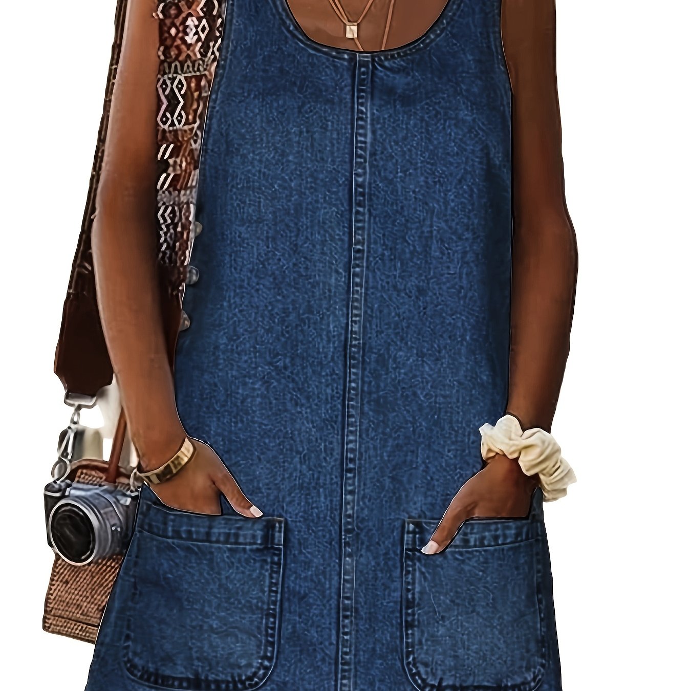Women's Vintage Denim Overall Dress with Pockets