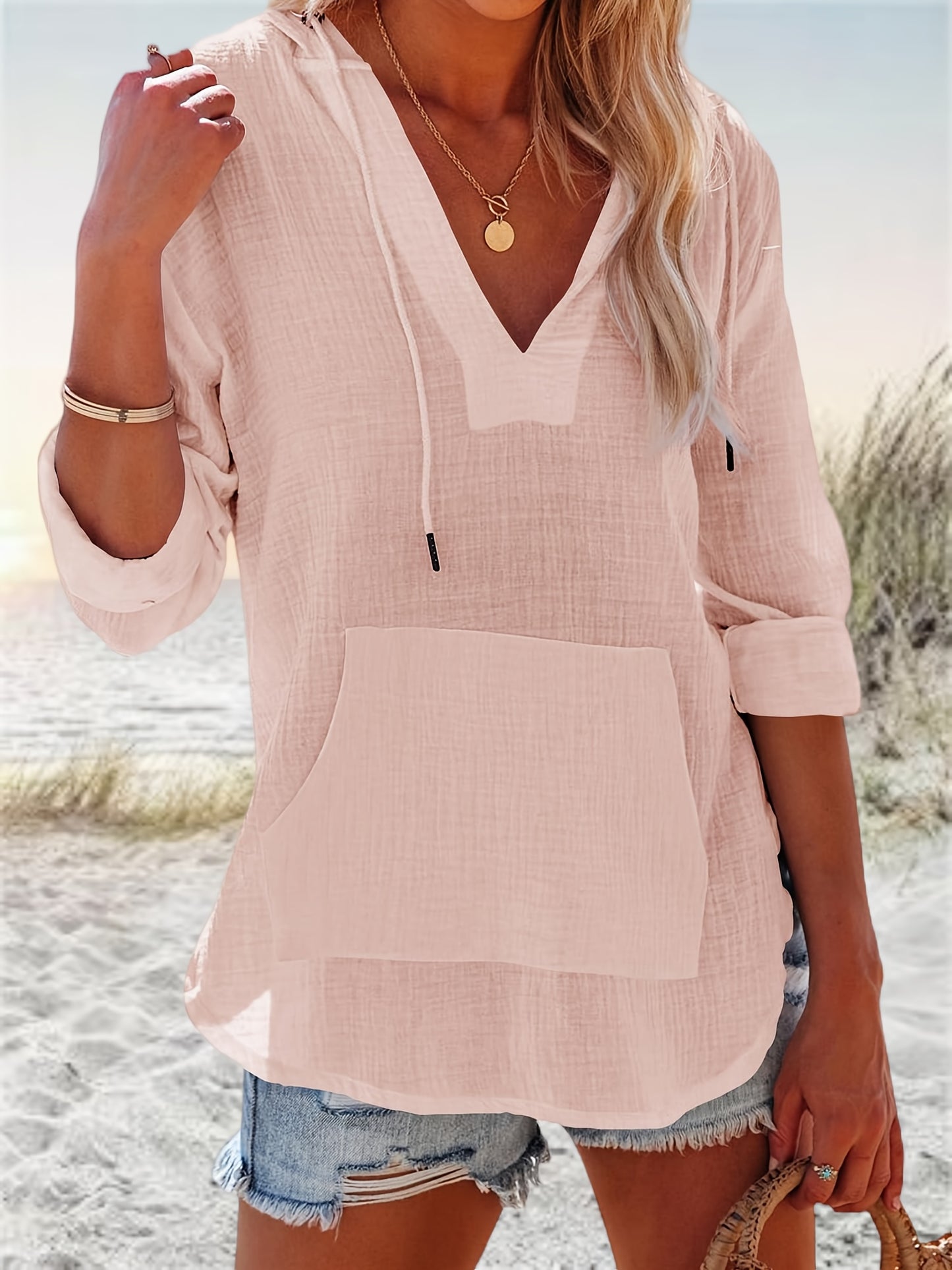 Womens V Neck Beach Hoodie Sweatshirt