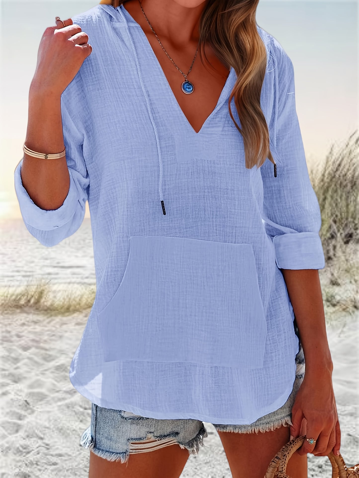 Womens V Neck Beach Hoodie Sweatshirt