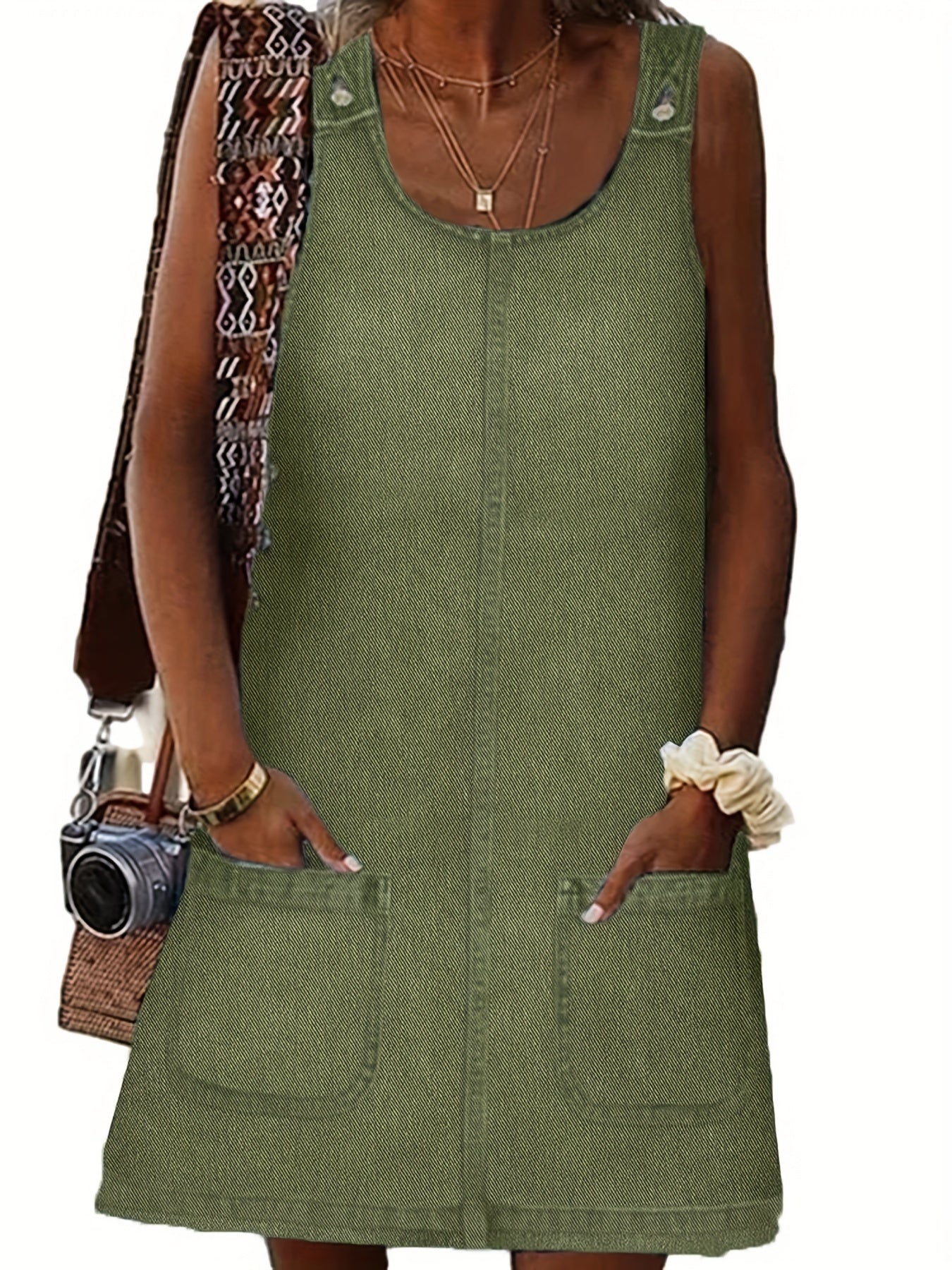 Women's Vintage Denim Overall Dress with Pockets