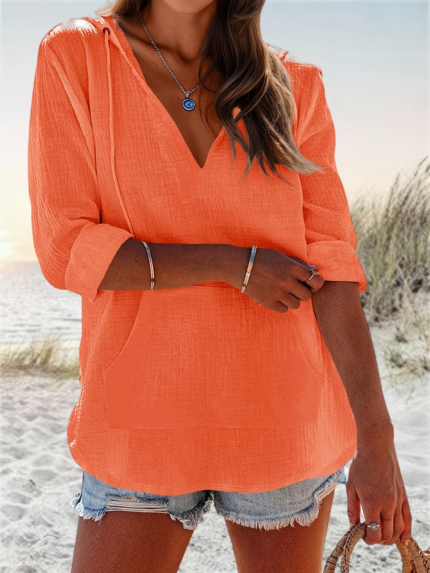 Womens V Neck Beach Hoodie Sweatshirt