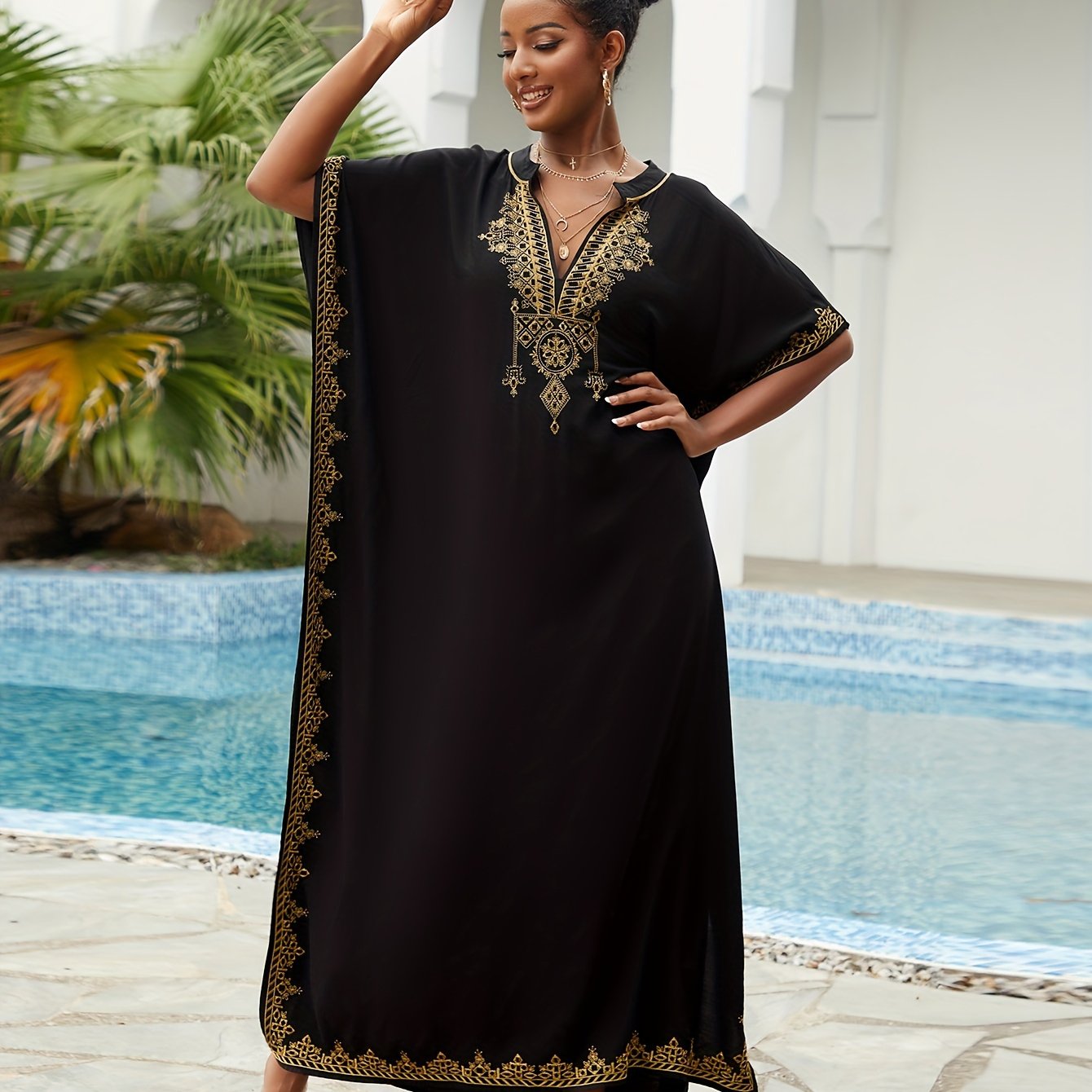 Embroidered Batwing Sleeve Kaftan Dress