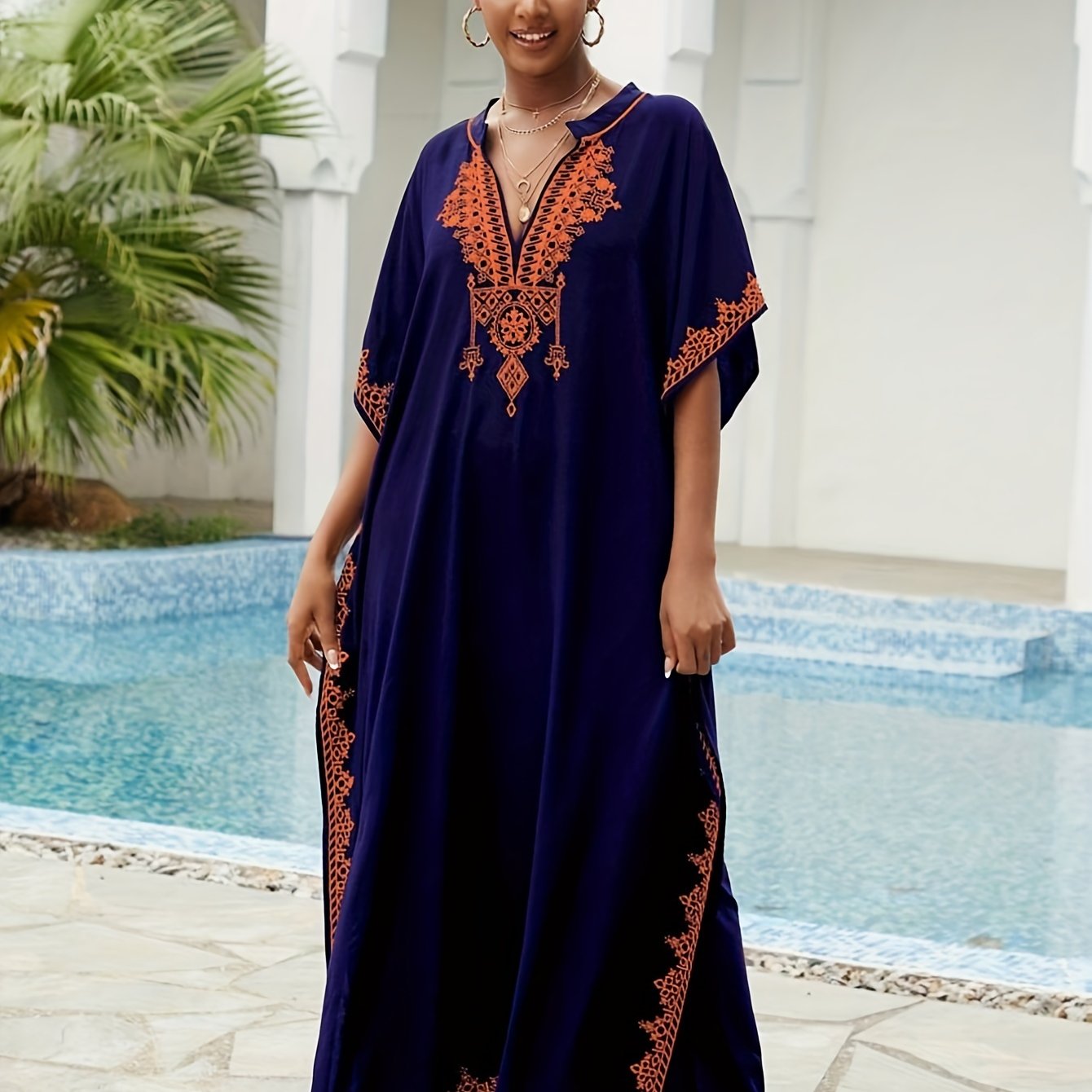 Embroidered Batwing Sleeve Kaftan Dress