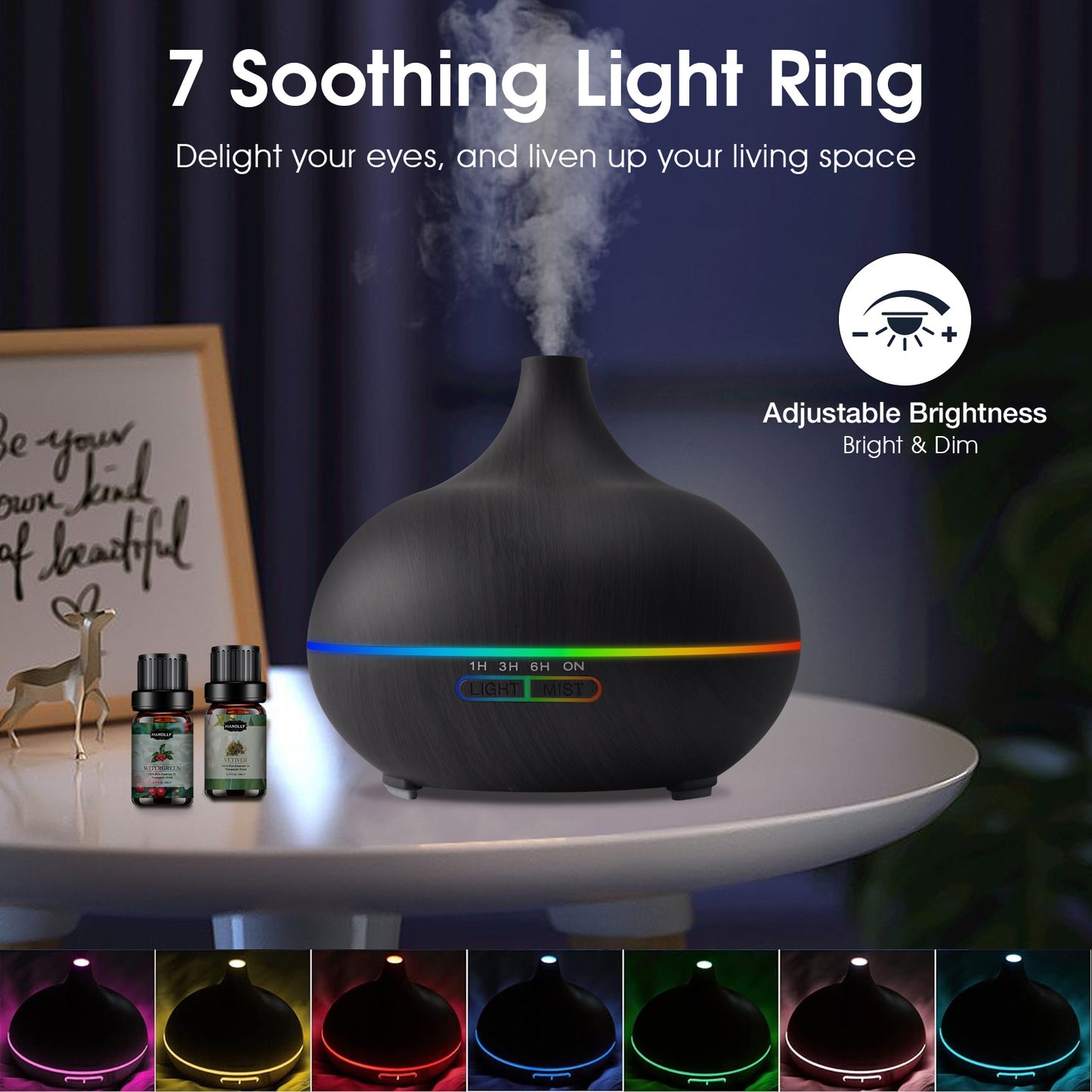 Diffuser Essential Oils for Large Room Wood Grain Cool Mist Air Humidifier Aroma Diffuser with 12 Pack Essential Oils 18.6 Ounce Essential Oil Diffuser with Remote Control Ultrasonic Oil Diffuser with Timer 7 Color Light