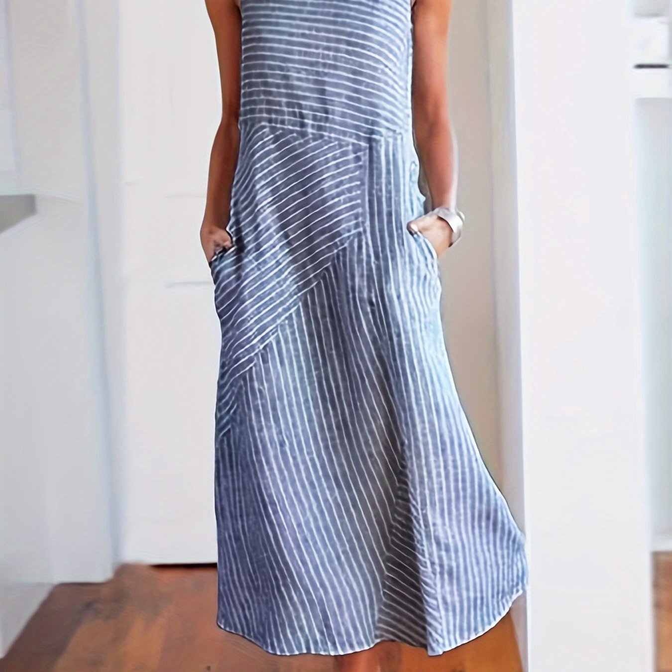 Womens Striped Midi Dress with Pockets