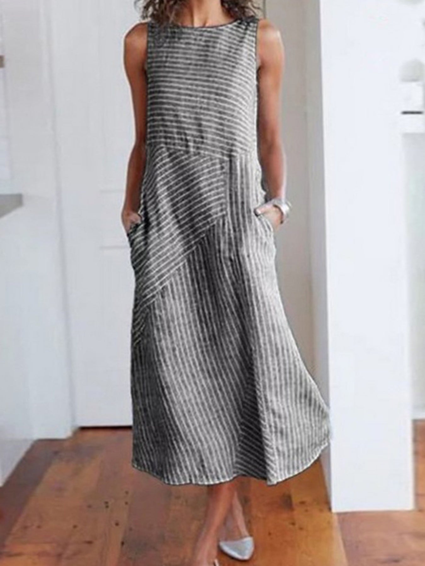 Womens Striped Midi Dress with Pockets