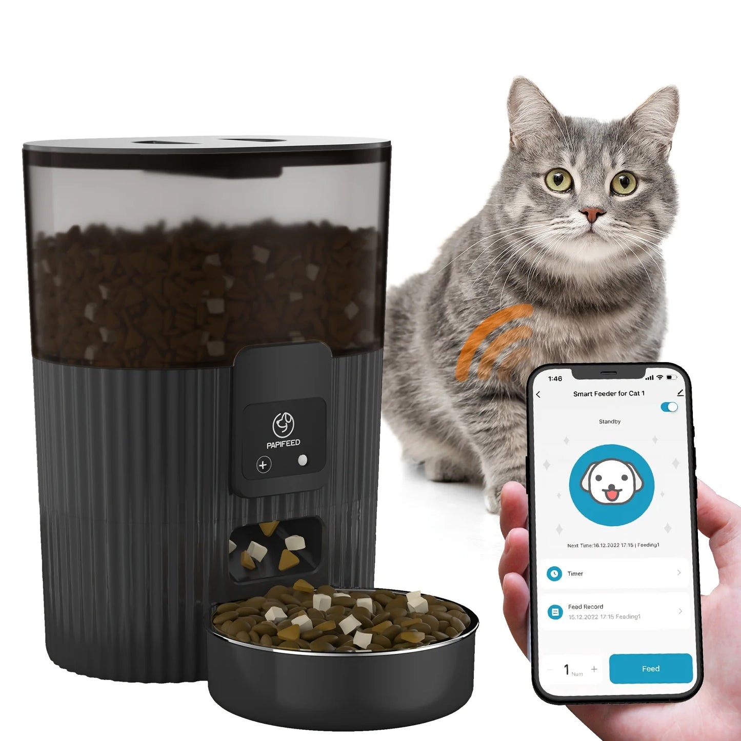 PAPIFEED Smart Automatic Cat and Dog Feeder with WiFi Remote Control LCD Display