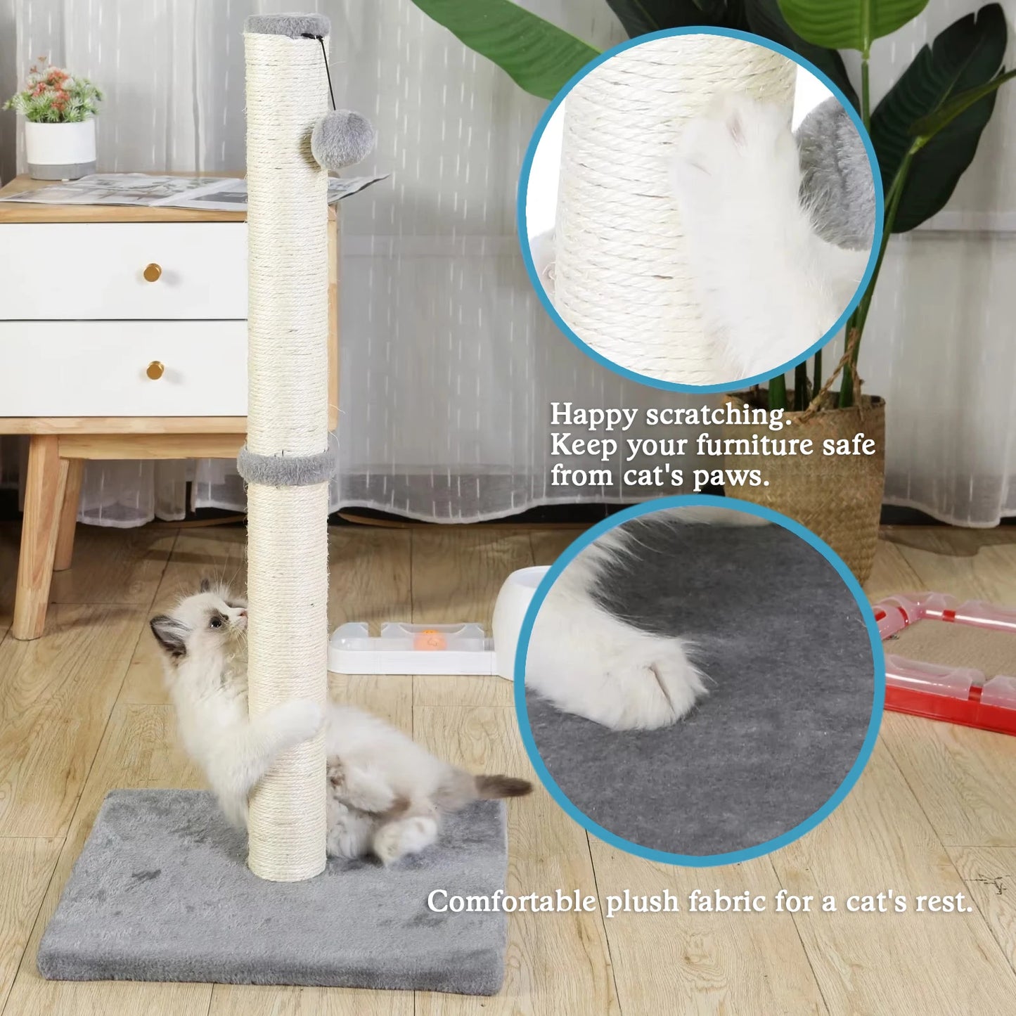 Tall Cat Scratching Posts for Indoor Cats and Kittens Vertical Scratcher with Premium Sisal and Dangling Ball
