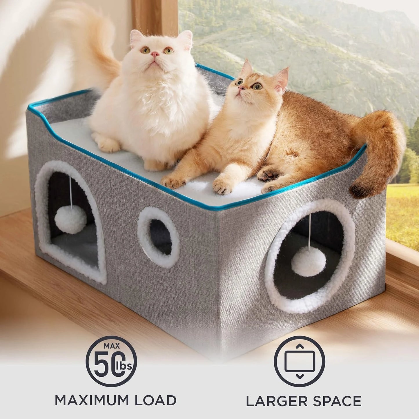 Wide Cat House for Indoor Cats Large Cat Cave with Fluffy Ball and Scratch Pad