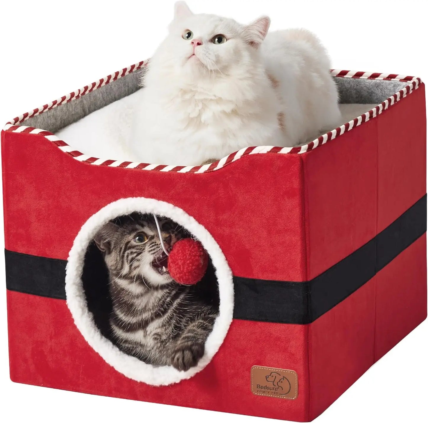 Wide Cat House for Indoor Cats Large Cat Cave with Fluffy Ball and Scratch Pad