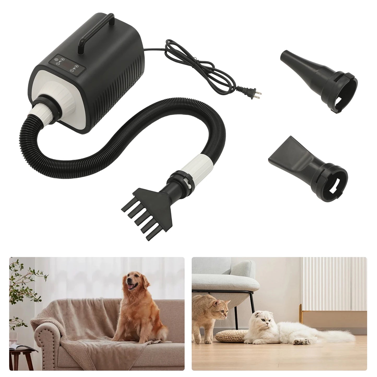 2100 Watt Dog Grooming Blow Dryer With Handles 9 Speed Adjustment LED Display 3 Nozzles For Dogs
