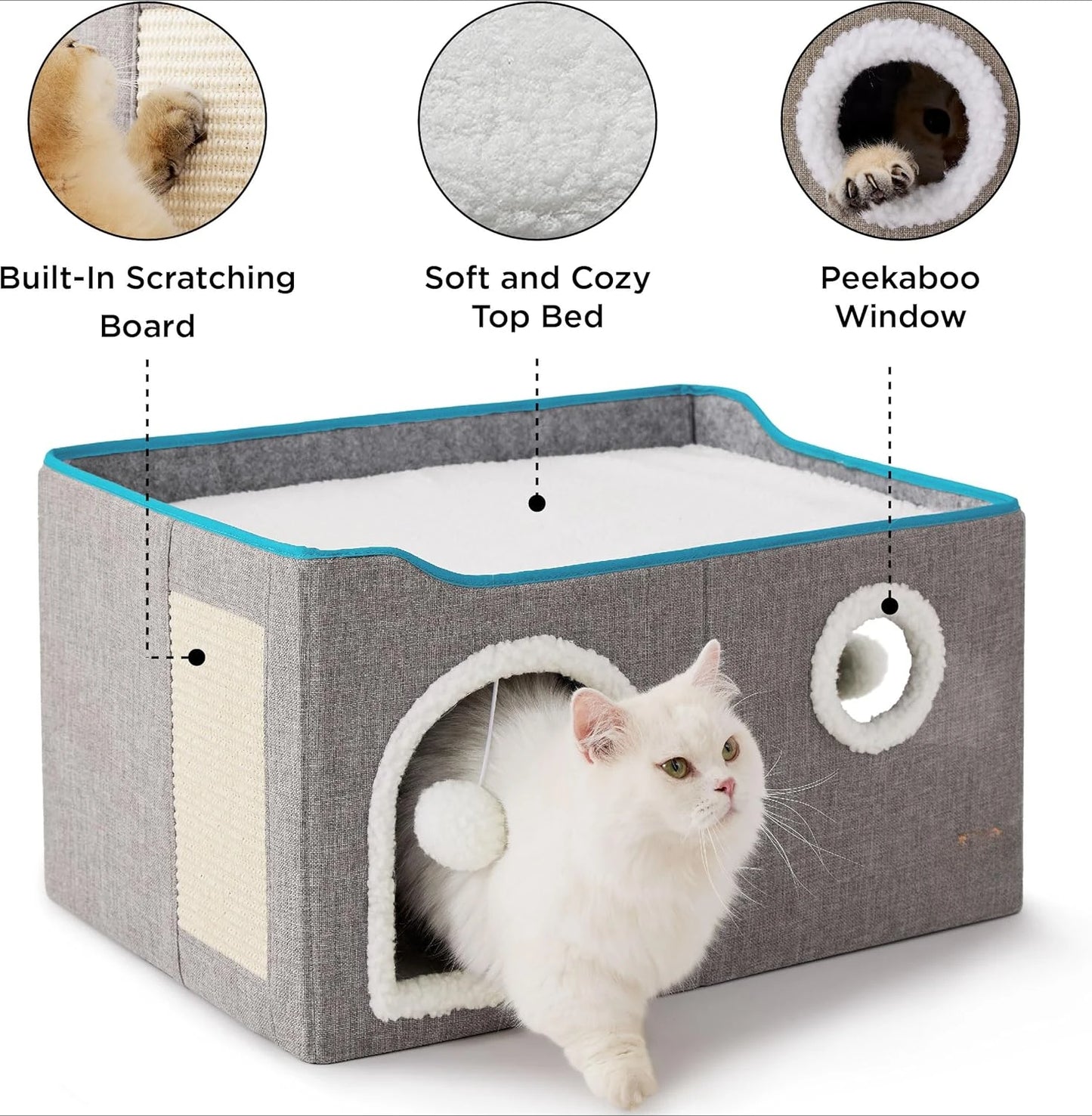 Wide Cat House for Indoor Cats Large Cat Cave with Fluffy Ball and Scratch Pad