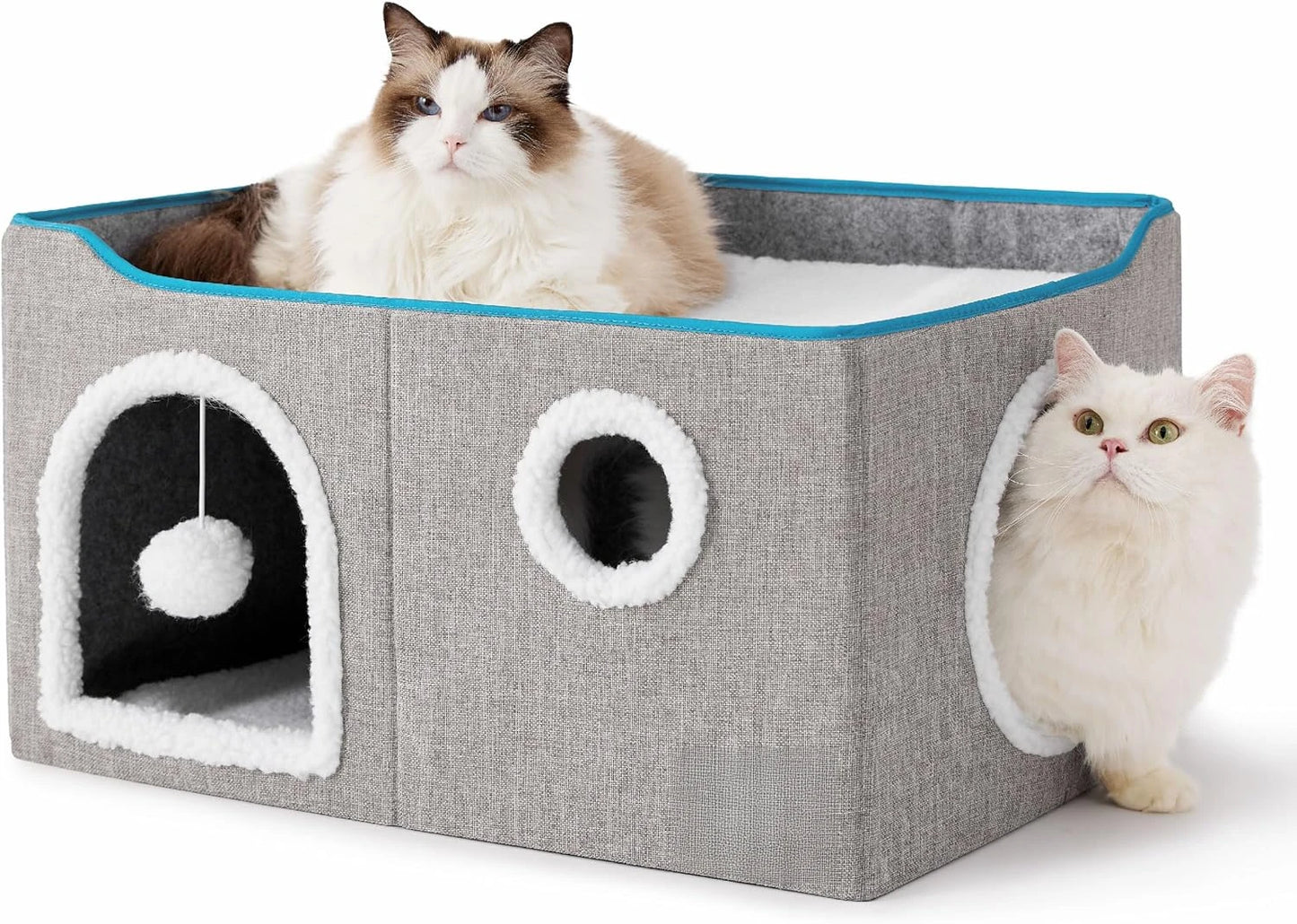 Wide Cat House for Indoor Cats Large Cat Cave with Fluffy Ball and Scratch Pad