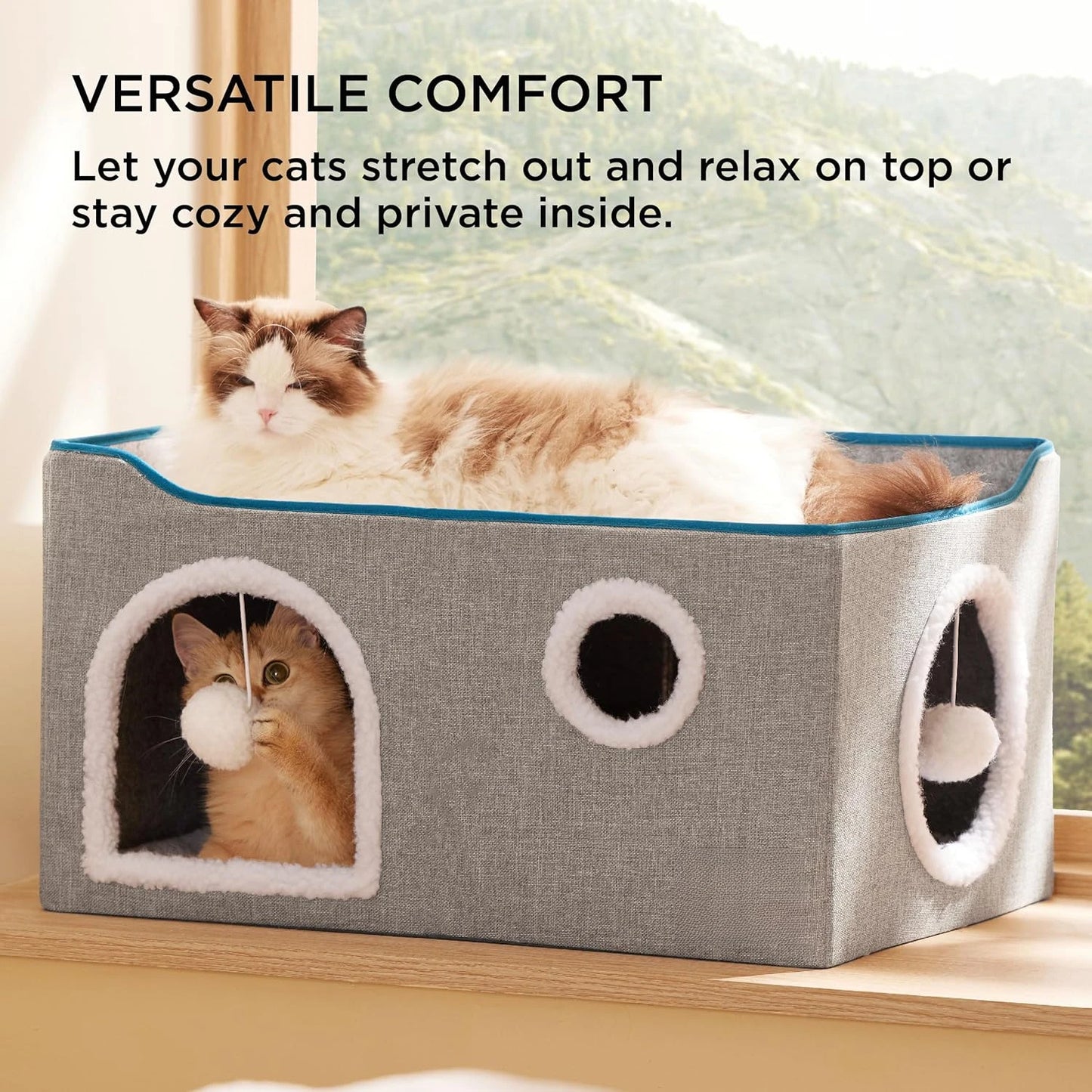 Wide Cat House for Indoor Cats Large Cat Cave with Fluffy Ball and Scratch Pad